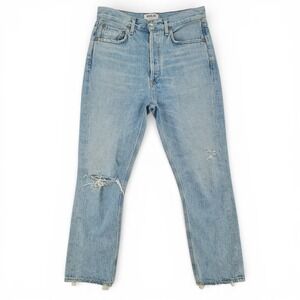 AGOLDE Riley Crop Jeans W 27 High Rise Straight Button Fly Distressed Light Wash